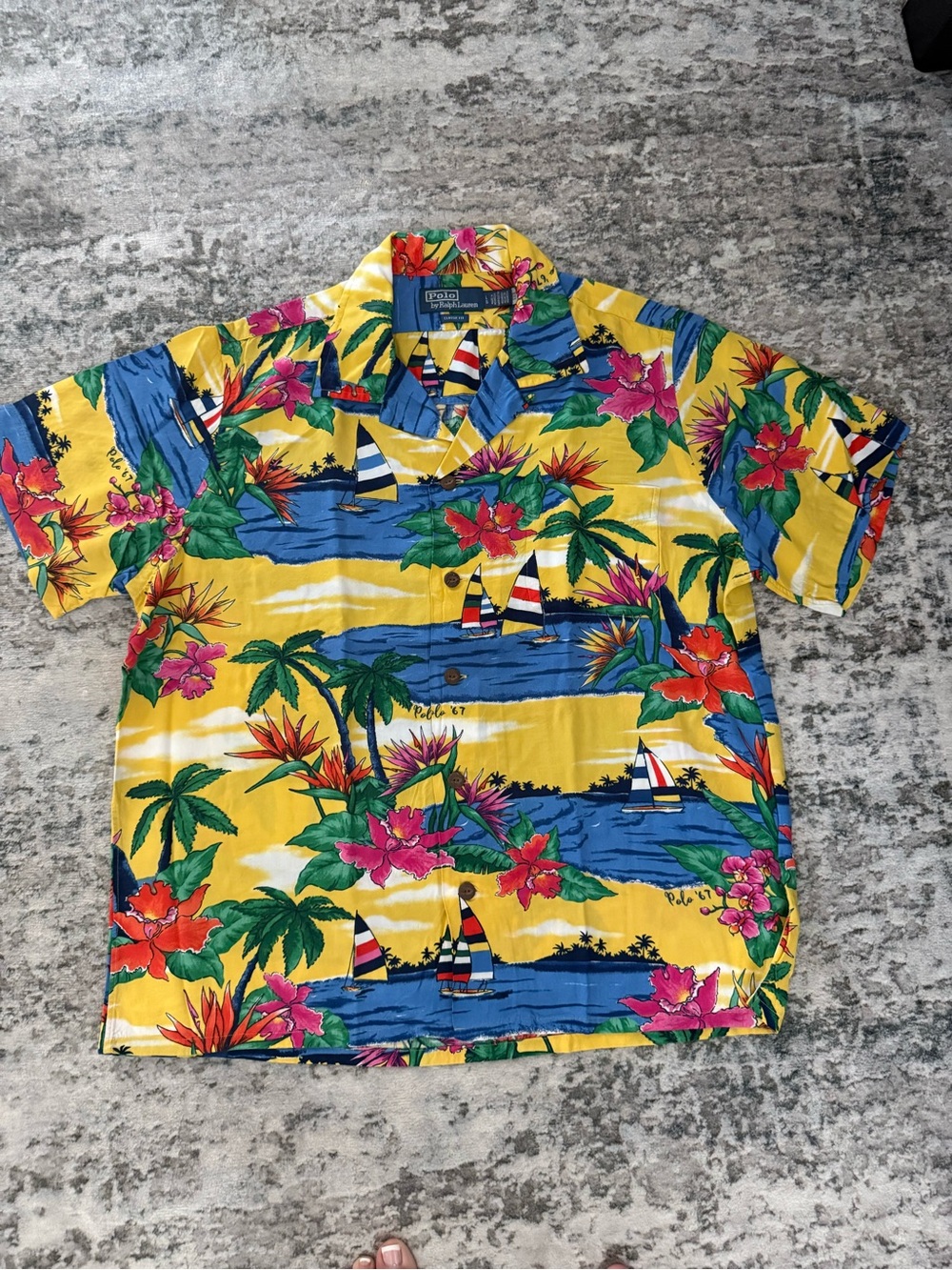 PoloRalph Lauren Yellow Tropical Floral & Sailboat Button-Down Shirt men’s lrg